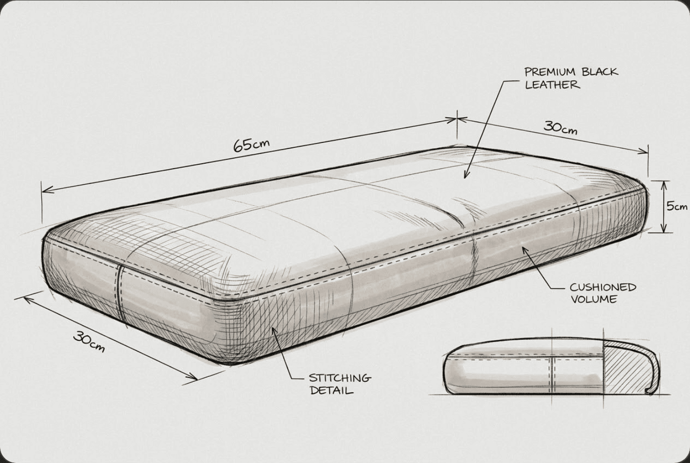 Armrest cushion design sketch — gray leather